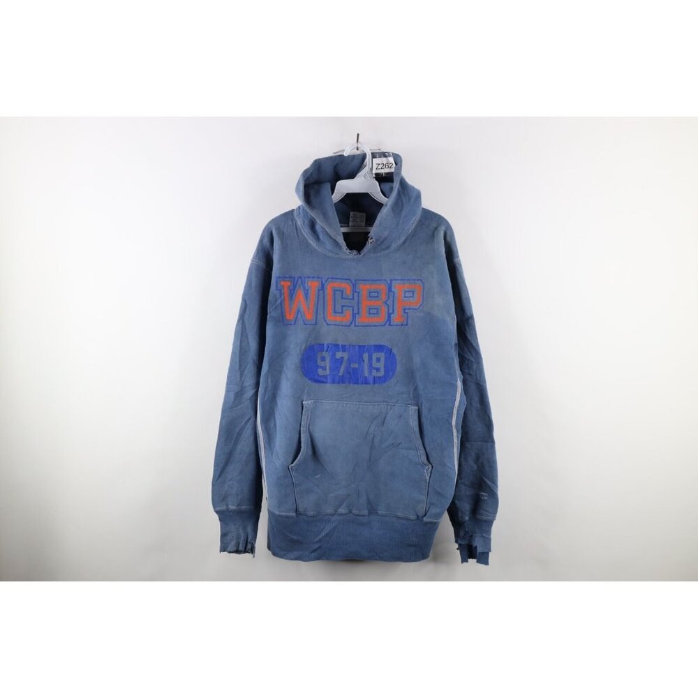 Vintage 90s Champion Reverse Weave Mens L Thrashed WCBP Ocean Rescue Hoodie Blue